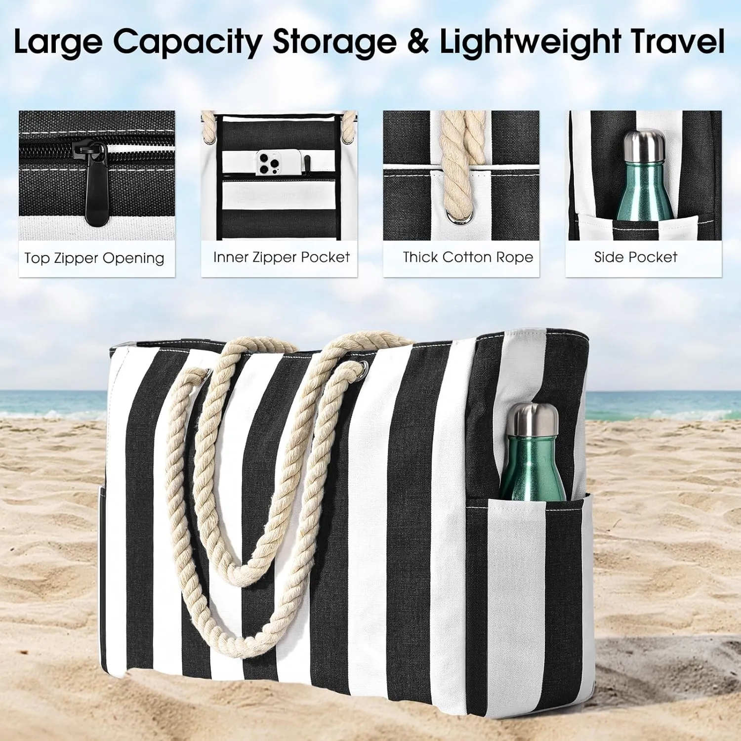 Becokan Women's Pool Swim Bag - Waterproof Sandproof Large Stripe Beach Tote with Zipper