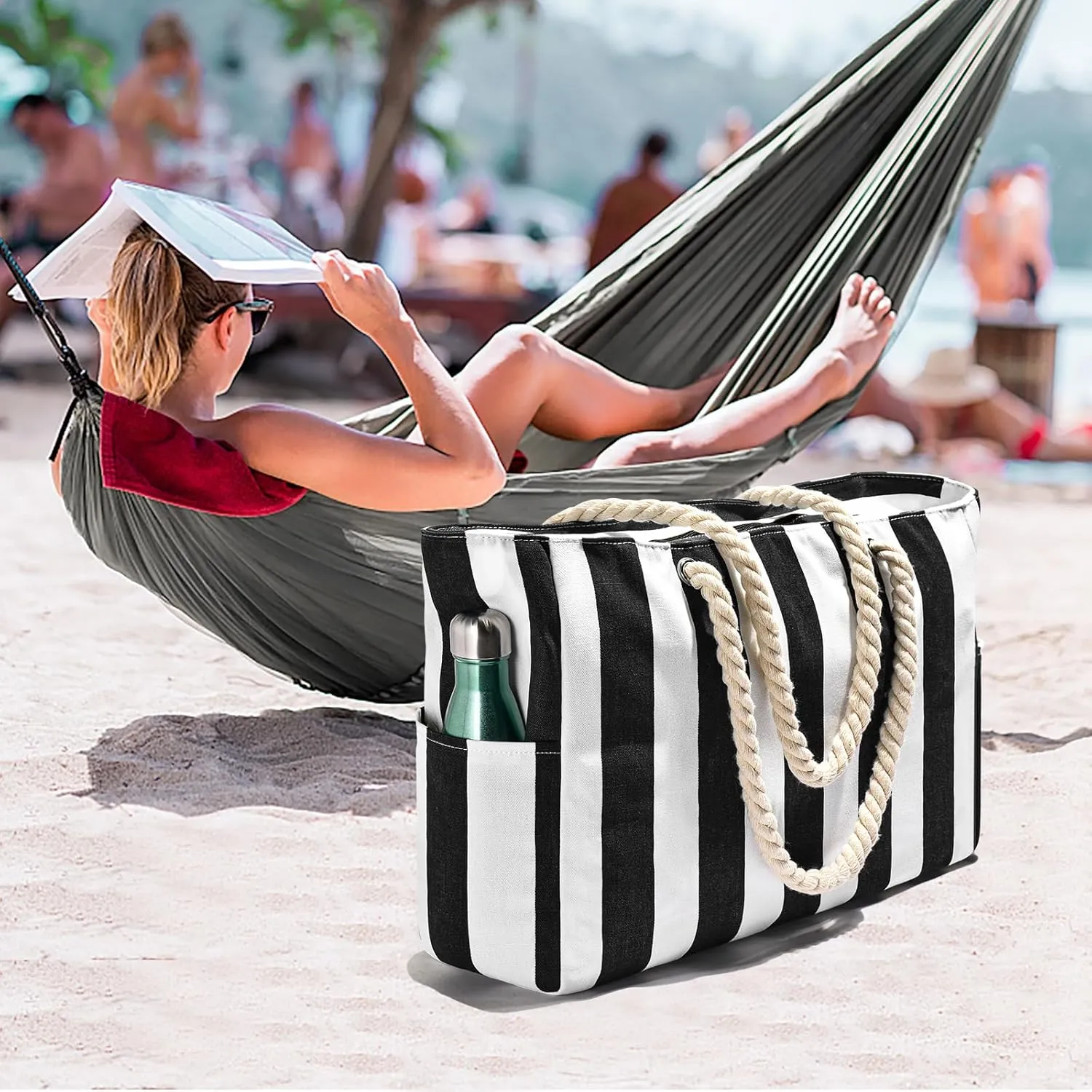 Becokan Women's Pool Swim Bag - Waterproof Sandproof Large Stripe Beach Tote with Zipper