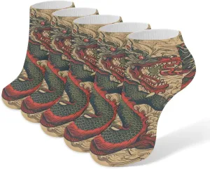 Beige Dragon Pattern Ankle Socks for Men & Women, 5 Pairs Breathable Soft Low Cut Socks, Stretch Sweat Wicking Sox