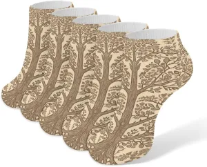 Beige Style Tree Ankle Socks for Men & Women, 5 Pairs Breathable Soft Low Cut Socks, Stretch Sweat Wicking Sox