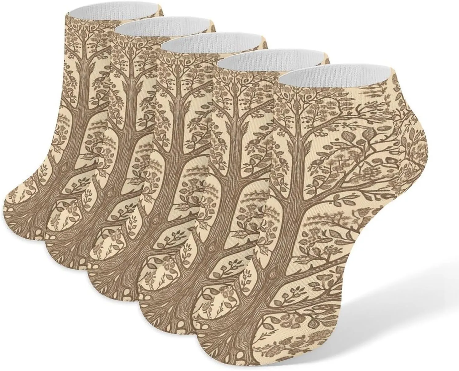 Beige Style Tree Ankle Socks for Men & Women, 5 Pairs Breathable Soft Low Cut Socks, Stretch Sweat Wicking Sox