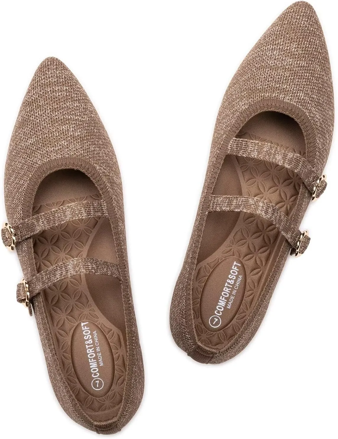 BEJINASH Women's Mary Jane Flat Dressy Knitted Shoes with Double Adjustable Strap Ballets Comfortable for Work Pointed Toe Flats Shoes for Women