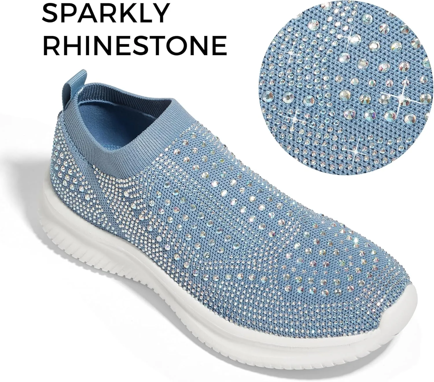 BELOS Women's Rhinestone Mesh Slip On Walking Shoes Fashion Breathable Spakle Glitter Sneaker