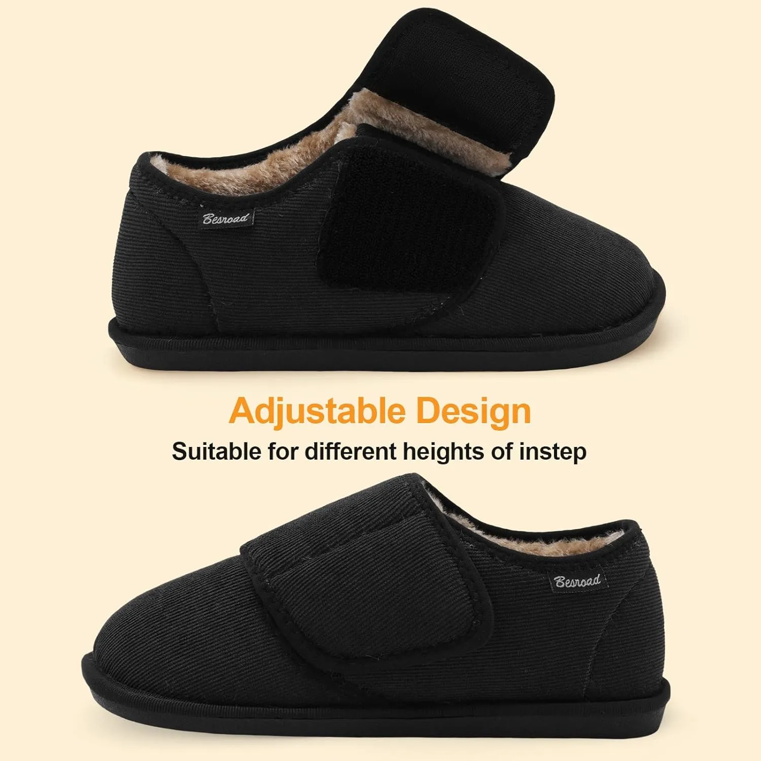 Besroad Womens Furry Memory Foam House Slippers Wide Diabetic Shoes Adjustable Bedroom Slippers Arthritis Edema Swollen House Shoes Indoor Outdoor