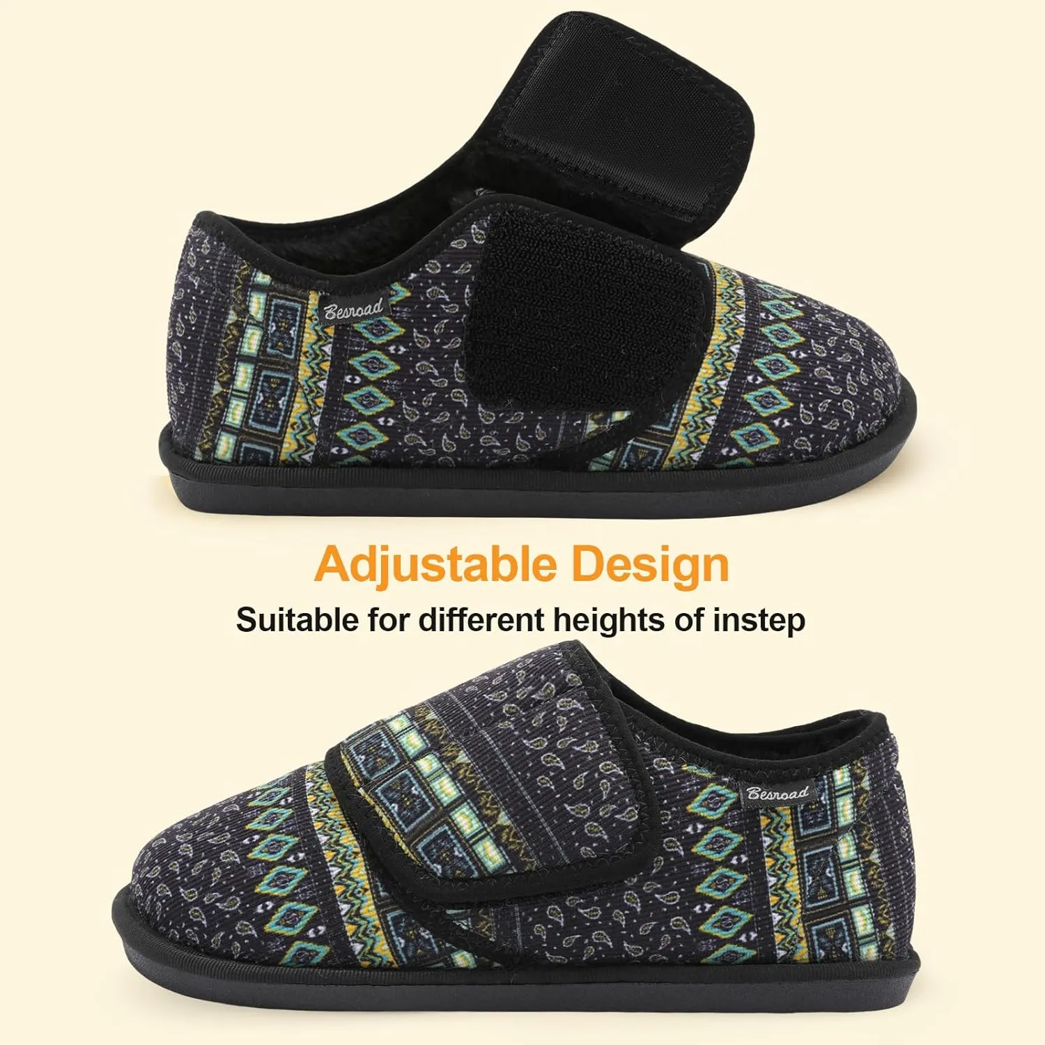 Besroad Womens Furry Memory Foam House Slippers Wide Diabetic Shoes Adjustable Bedroom Slippers Arthritis Edema Swollen House Shoes Indoor Outdoor