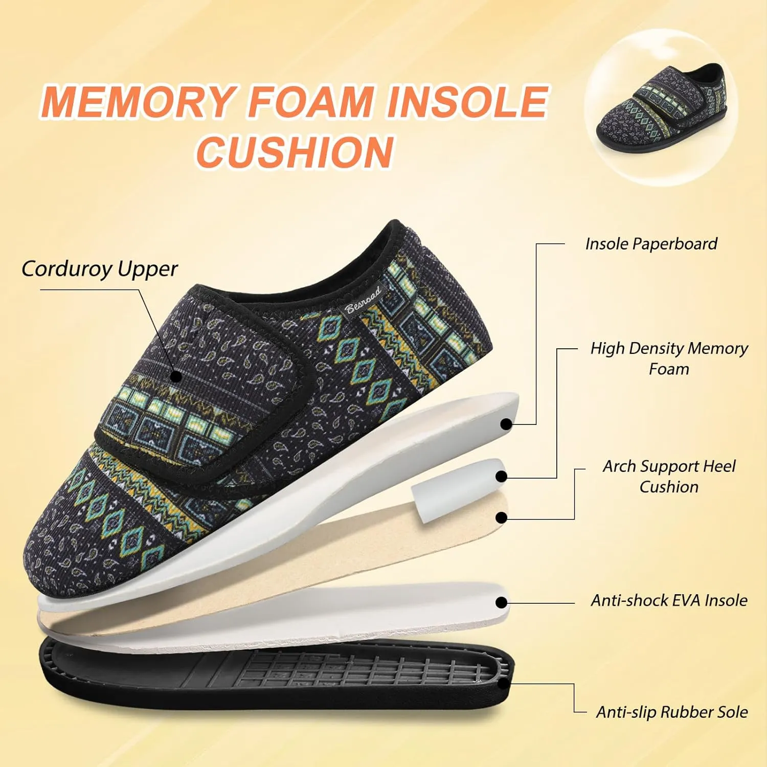 Besroad Womens Furry Memory Foam House Slippers Wide Diabetic Shoes Adjustable Bedroom Slippers Arthritis Edema Swollen House Shoes Indoor Outdoor