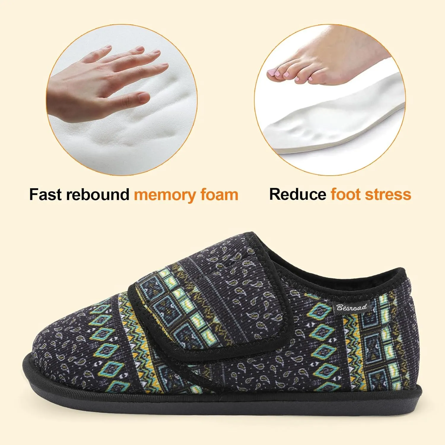 Besroad Womens Furry Memory Foam House Slippers Wide Diabetic Shoes Adjustable Bedroom Slippers Arthritis Edema Swollen House Shoes Indoor Outdoor