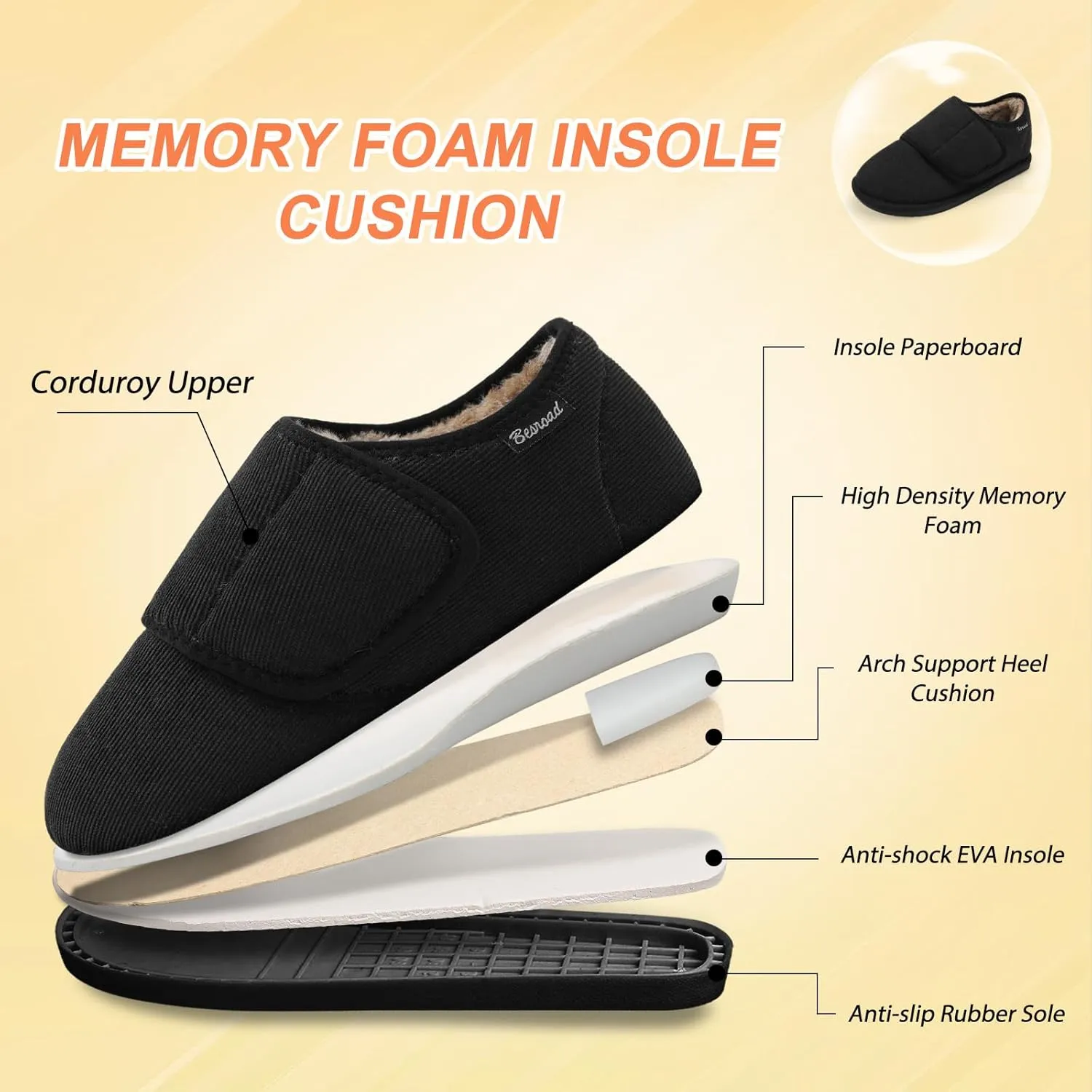 Besroad Womens Furry Memory Foam House Slippers Wide Diabetic Shoes Adjustable Bedroom Slippers Arthritis Edema Swollen House Shoes Indoor Outdoor