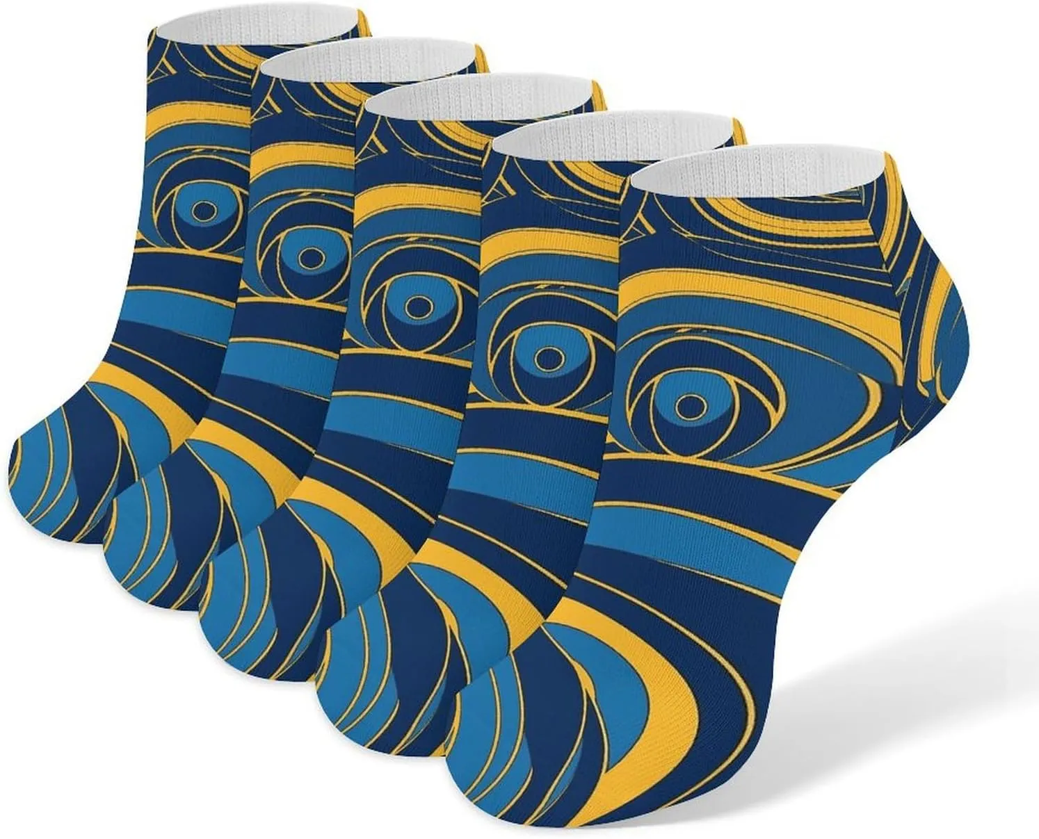 Blue And Yellow Pattern Ankle Socks for Men & Women, 5 Pairs Breathable Soft Low Cut Socks, Stretch Sweat Wicking Sox
