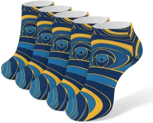 Blue And Yellow Pattern Ankle Socks for Men & Women, 5 Pairs Breathable Soft Low Cut Socks, Stretch Sweat Wicking Sox