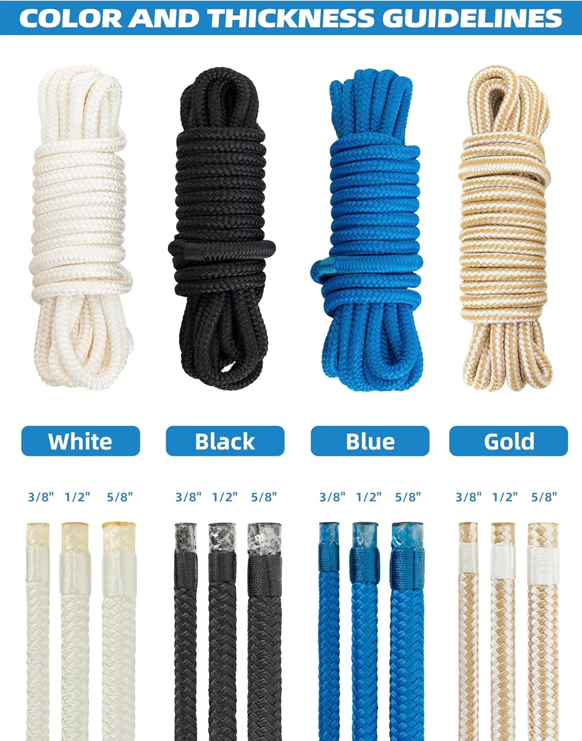 BLUEWING Double Braided Nylon Dock Lines with 12" Loop 25ft 3/8" 10mm Marine Docking Mooring Boat Rope White
