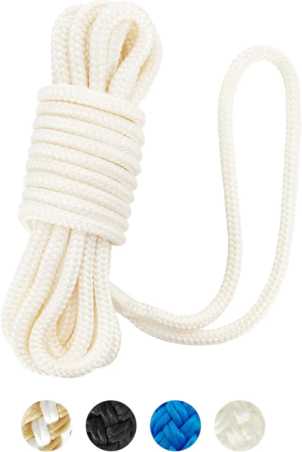 BLUEWING Double Braided Nylon Dock Lines with 12" Loop 25ft 3/8" 10mm Marine Docking Mooring Boat Rope White