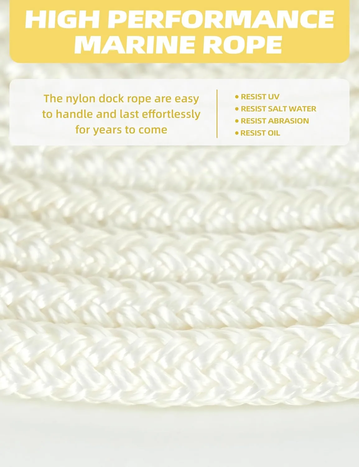 BLUEWING Double Braided Nylon Dock Lines with 12" Loop 25ft 3/8" 10mm Marine Docking Mooring Boat Rope White