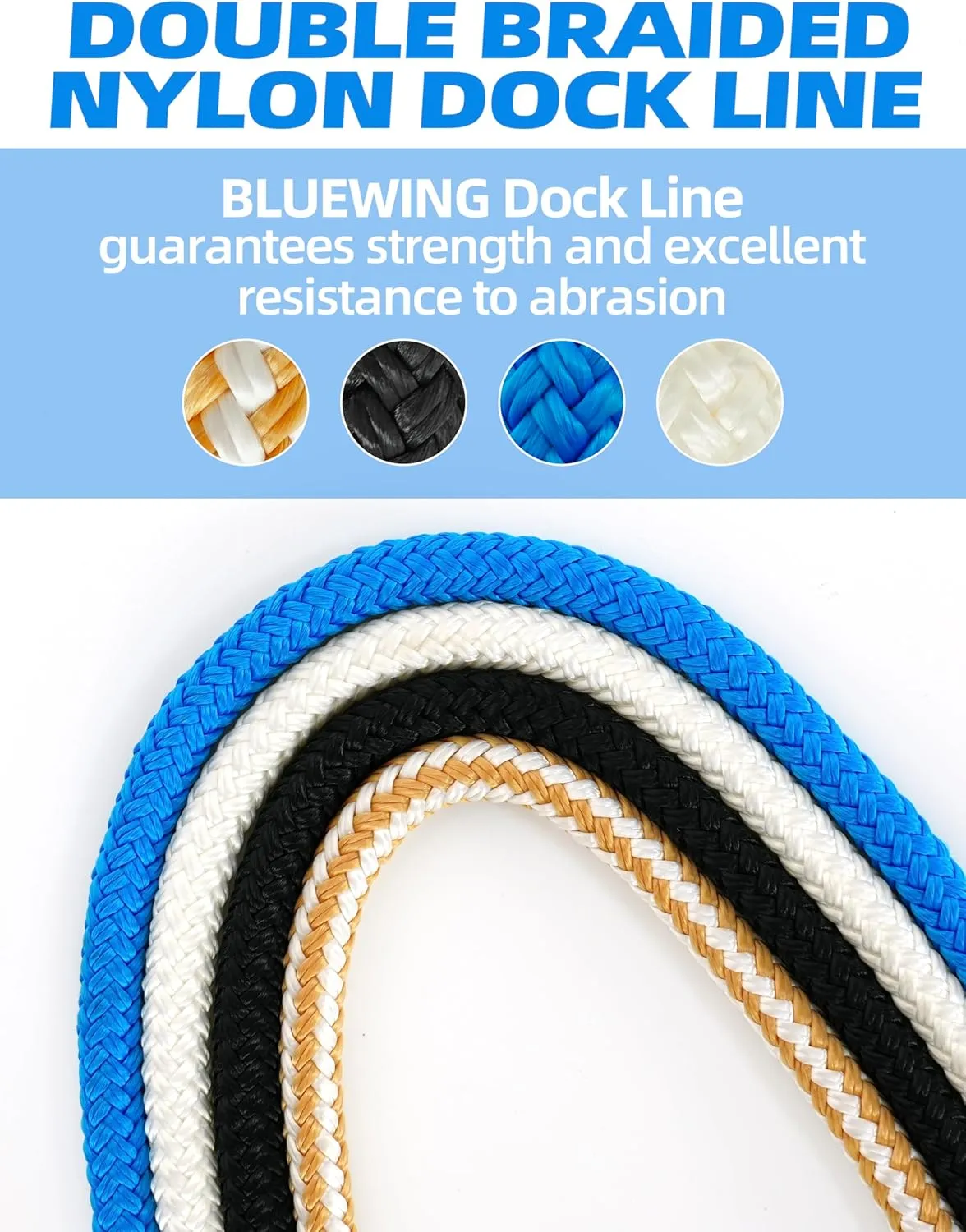 BLUEWING Double Braided Nylon Dock Lines with 12" Loop 25ft 3/8" 10mm Marine Docking Mooring Boat Rope White