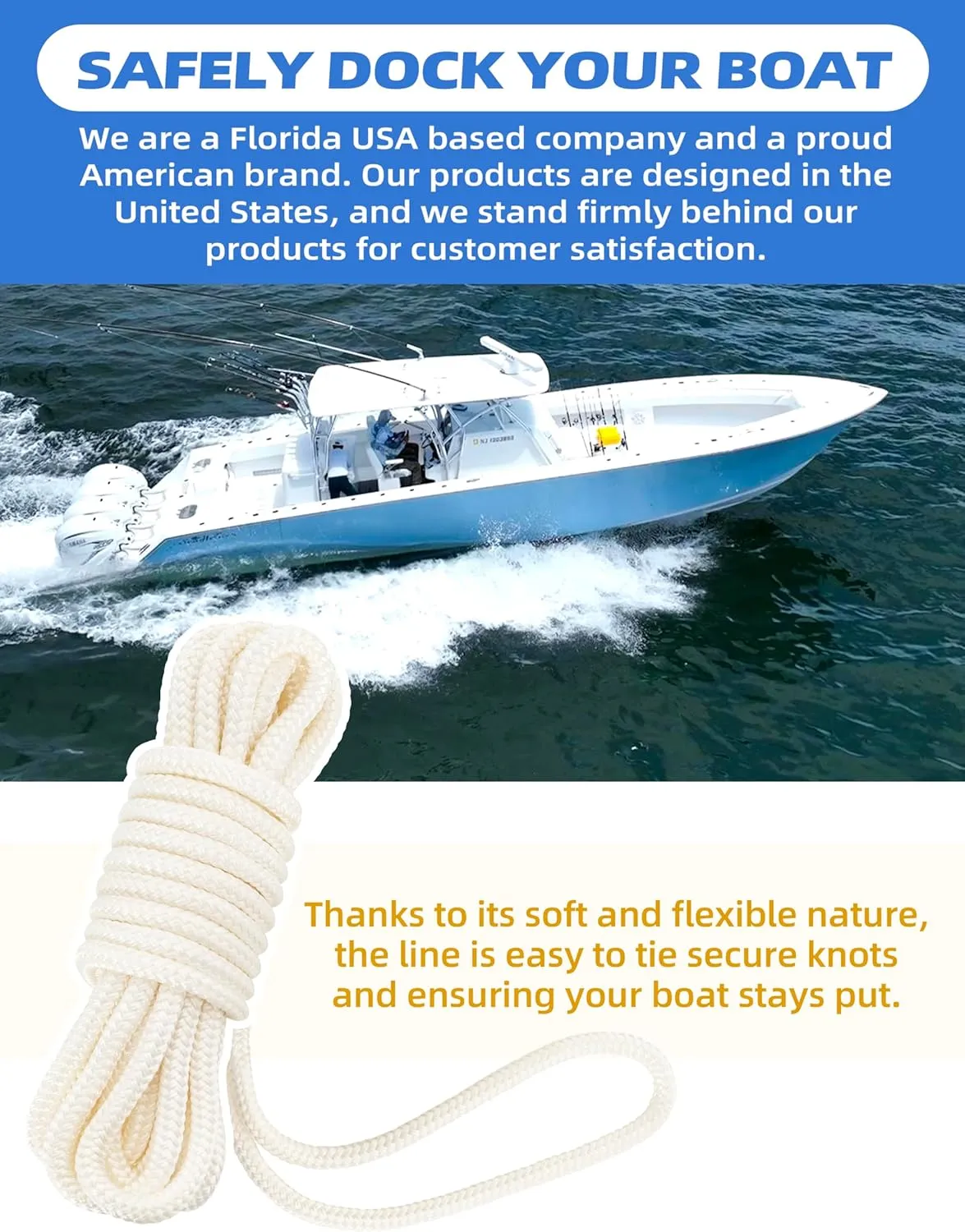BLUEWING Double Braided Nylon Dock Lines with 12" Loop 25ft 3/8" 10mm Marine Docking Mooring Boat Rope White
