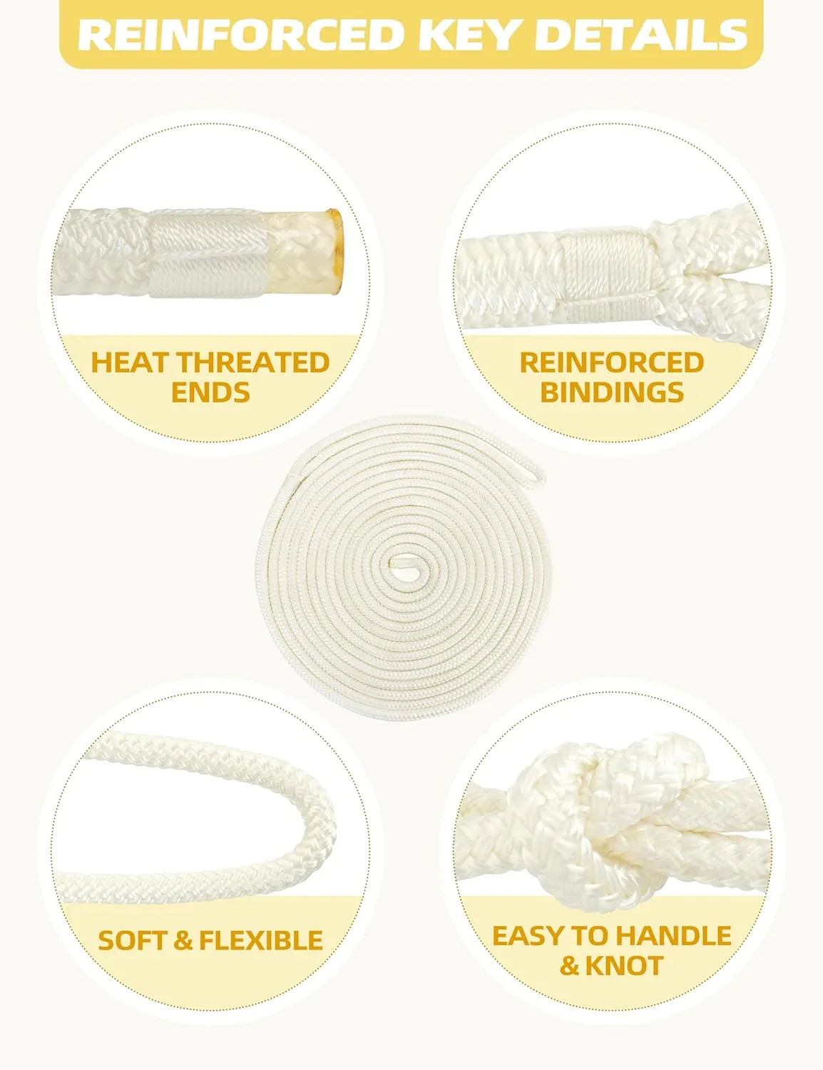 BLUEWING Double Braided Nylon Dock Lines with 12" Loop 25ft 3/8" 10mm Marine Docking Mooring Boat Rope White