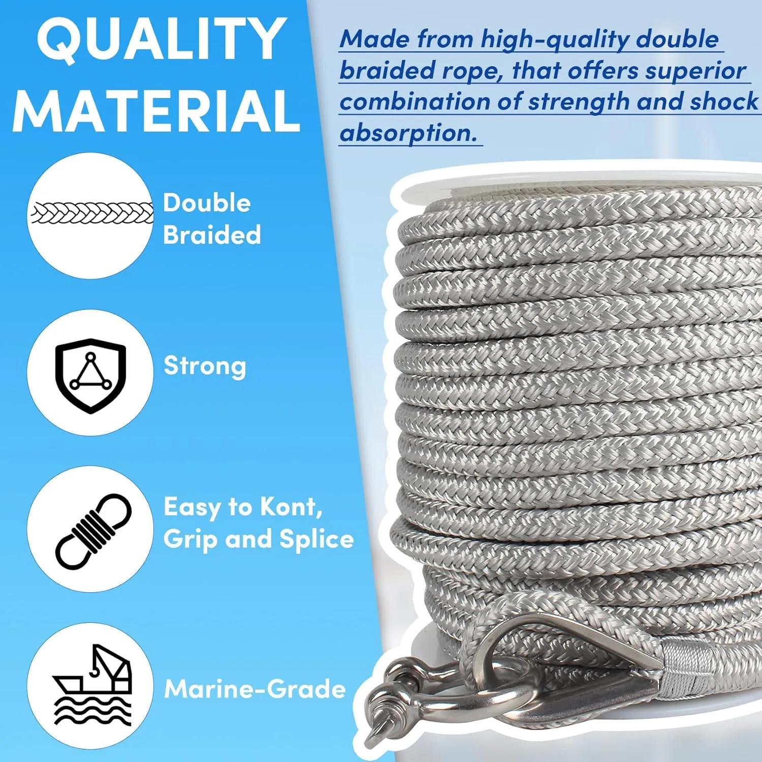 Boat Anchor Rope 150 ft x 3/8 inch Grey, Double Braided Anchor Line with Stainless Steel Thimble & Shackle, Marine Rope Ideal for Towing,Mooring,Decks,Anchoring,for Boats Up to 27'