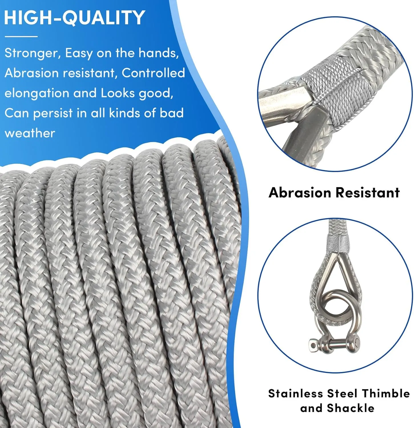 Boat Anchor Rope 150 ft x 3/8 inch Grey, Double Braided Anchor Line with Stainless Steel Thimble & Shackle, Marine Rope Ideal for Towing,Mooring,Decks,Anchoring,for Boats Up to 27'