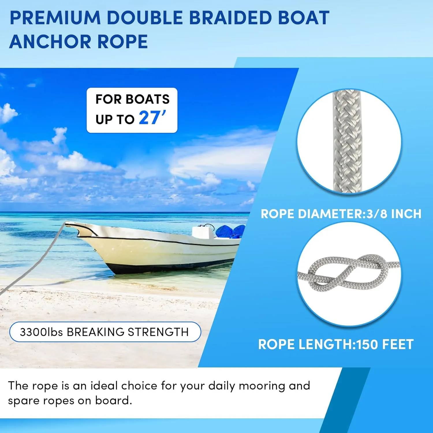 Boat Anchor Rope 150 ft x 3/8 inch Grey, Double Braided Anchor Line with Stainless Steel Thimble & Shackle, Marine Rope Ideal for Towing,Mooring,Decks,Anchoring,for Boats Up to 27'