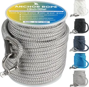 Boat Anchor Rope 150 ft x 3/8 inch Grey, Double Braided Anchor Line with Stainless Steel Thimble & Shackle, Marine Rope Ideal for Towing,Mooring,Decks,Anchoring,for Boats Up to 27'