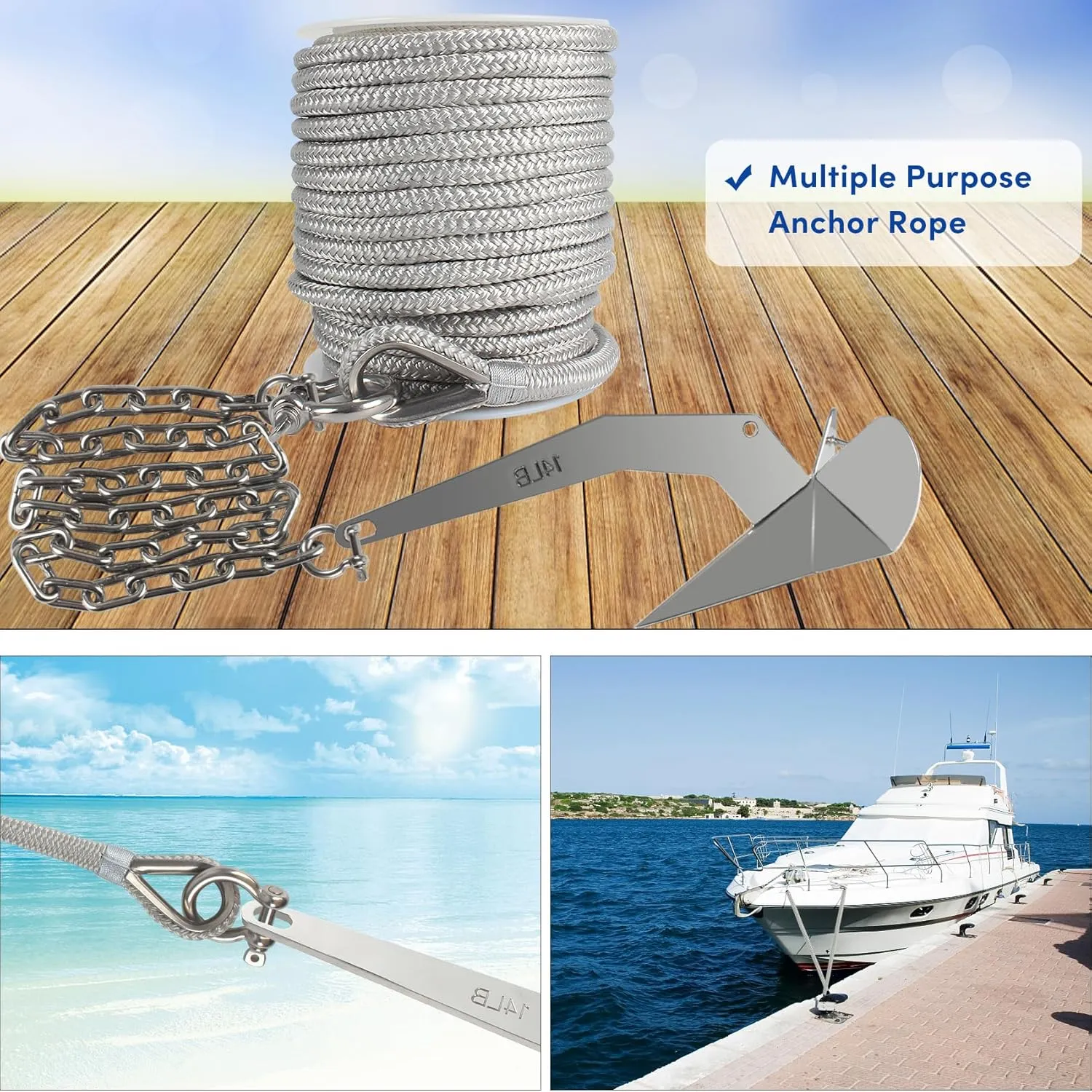 Boat Anchor Rope 150 ft x 3/8 inch Grey, Double Braided Anchor Line with Stainless Steel Thimble & Shackle, Marine Rope Ideal for Towing,Mooring,Decks,Anchoring,for Boats Up to 27'