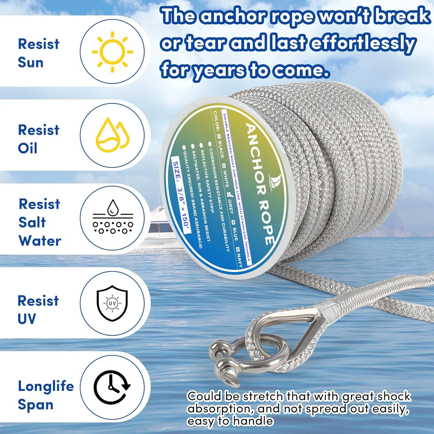 Boat Anchor Rope 150 ft x 3/8 inch Grey, Double Braided Anchor Line with Stainless Steel Thimble & Shackle, Marine Rope Ideal for Towing,Mooring,Decks,Anchoring,for Boats Up to 27'