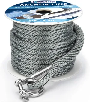 Boat Anchor Rope 3/8 inch 50ft Premium Solid Braid Nylon MFP Boat Rope with Stainless Steel Thimble & Shackle, Quality Marine Line, Grey,Boat Accessories