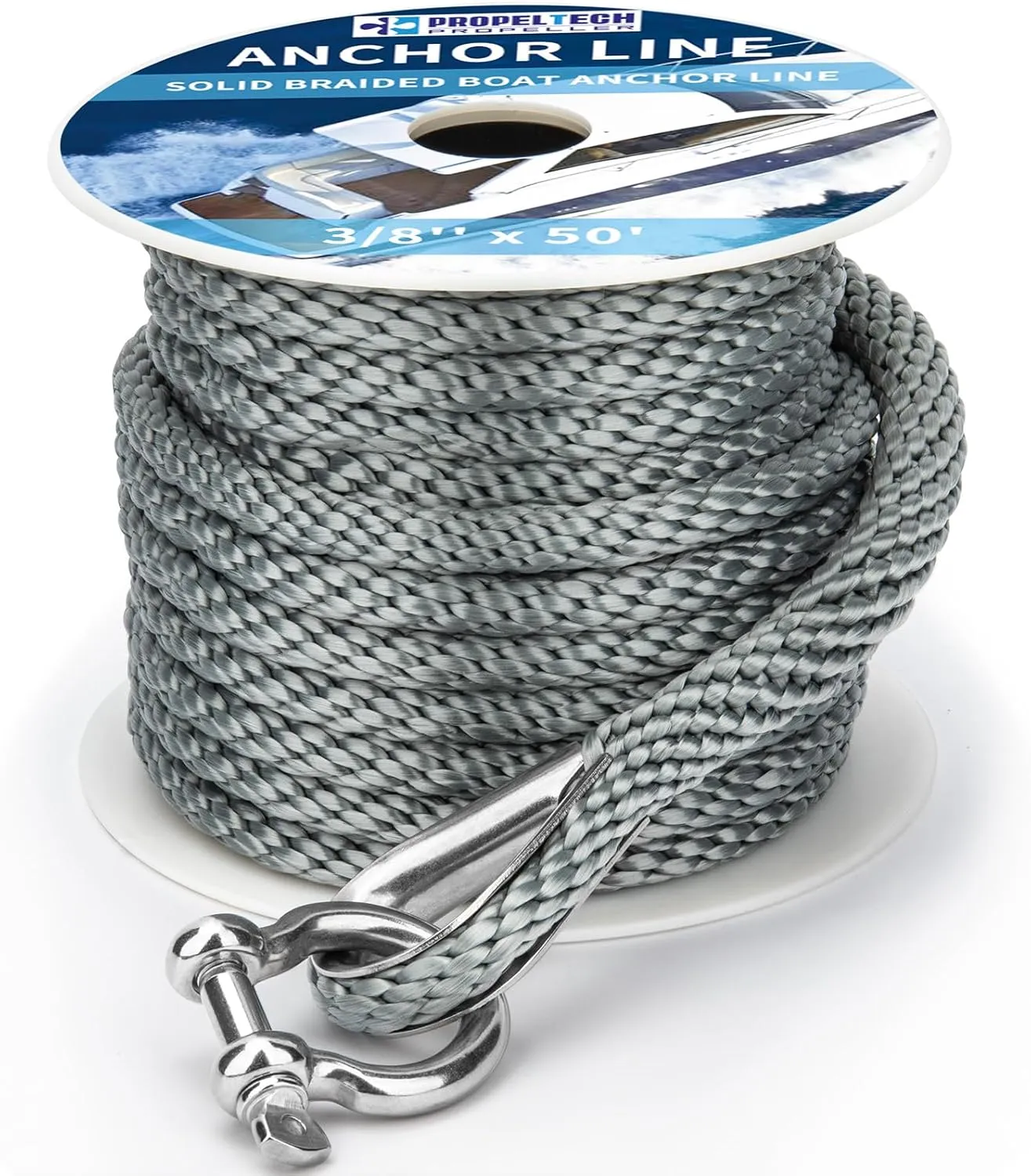 Boat Anchor Rope 3/8 inch 50ft Premium Solid Braid Nylon MFP Boat Rope with Stainless Steel Thimble & Shackle, Quality Marine Line, Grey,Boat Accessories