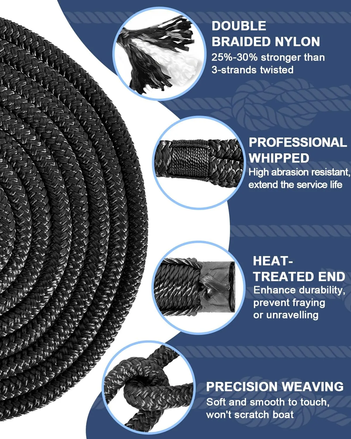 Boat Dock Lines 1/2”X 15’, Double Braided Nylon Boat Ropes for Docking with 12”Loop, 4 Pack Marine Dock Line Premium Mooring Rope for Kayak Pontoon Boats, Boat Dock Accessories