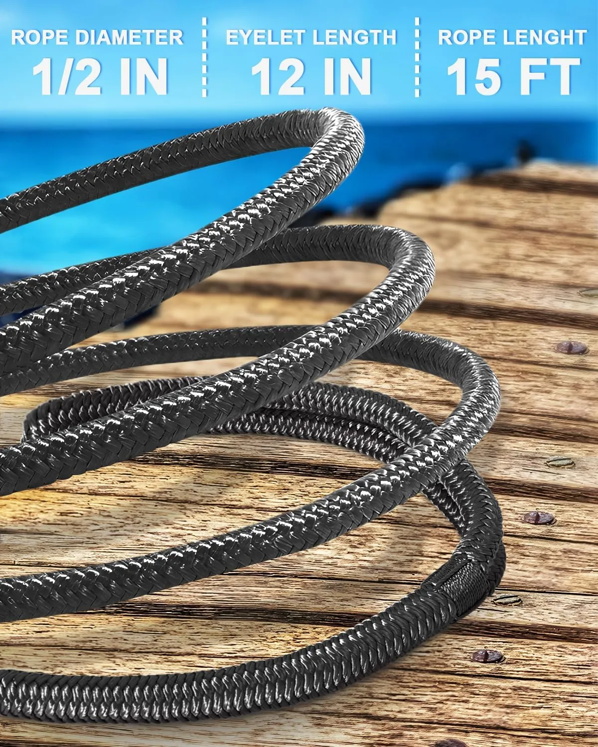 Boat Dock Lines 1/2”X 15’, Double Braided Nylon Boat Ropes for Docking with 12”Loop, 4 Pack Marine Dock Line Premium Mooring Rope for Kayak Pontoon Boats, Boat Dock Accessories