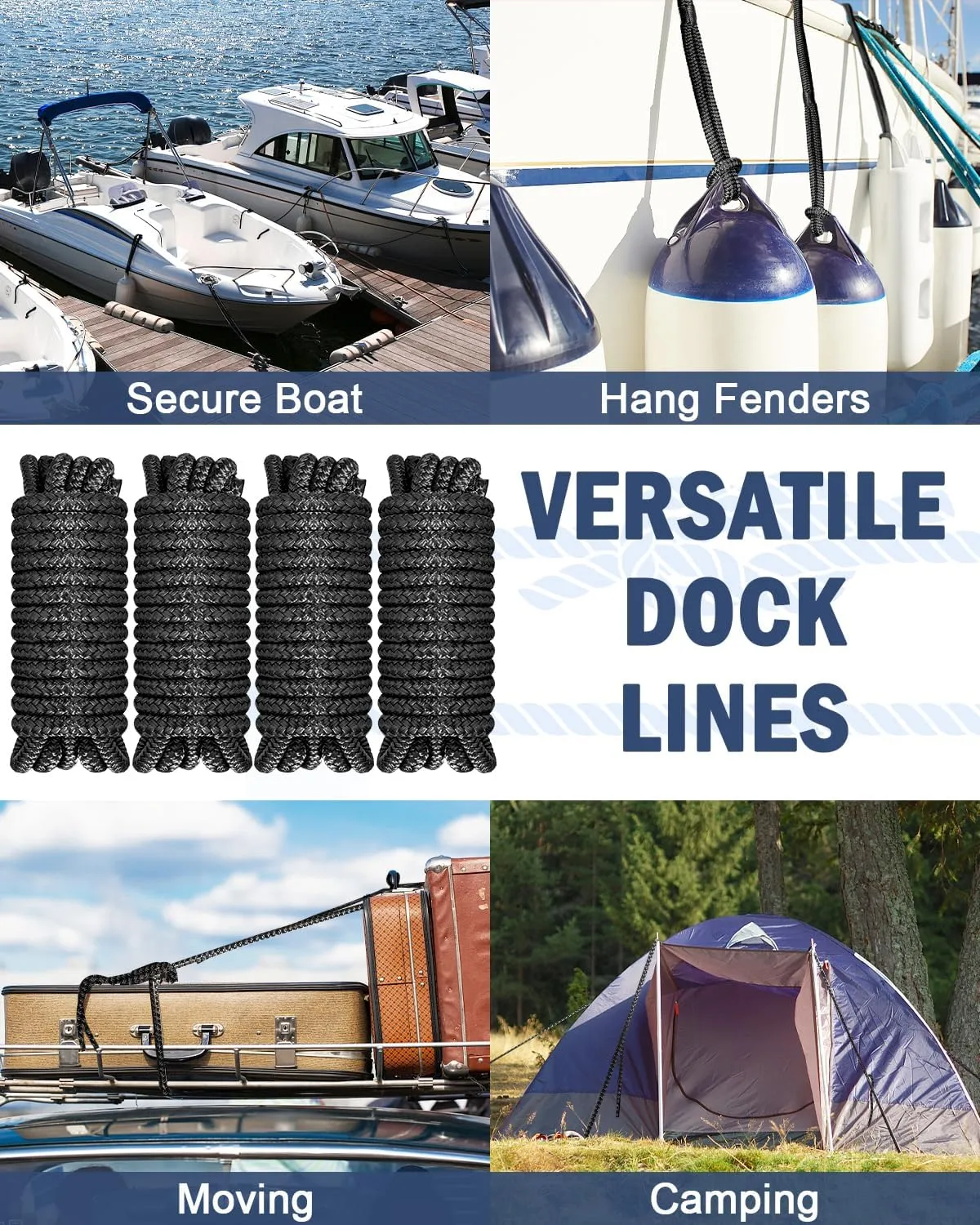 Boat Dock Lines 1/2”X 15’, Double Braided Nylon Boat Ropes for Docking with 12”Loop, 4 Pack Marine Dock Line Premium Mooring Rope for Kayak Pontoon Boats, Boat Dock Accessories