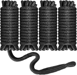 Boat Dock Lines 1/2”X 15’, Double Braided Nylon Boat Ropes for Docking with 12”Loop, 4 Pack Marine Dock Line Premium Mooring Rope for Kayak Pontoon Boats, Boat Dock Accessories