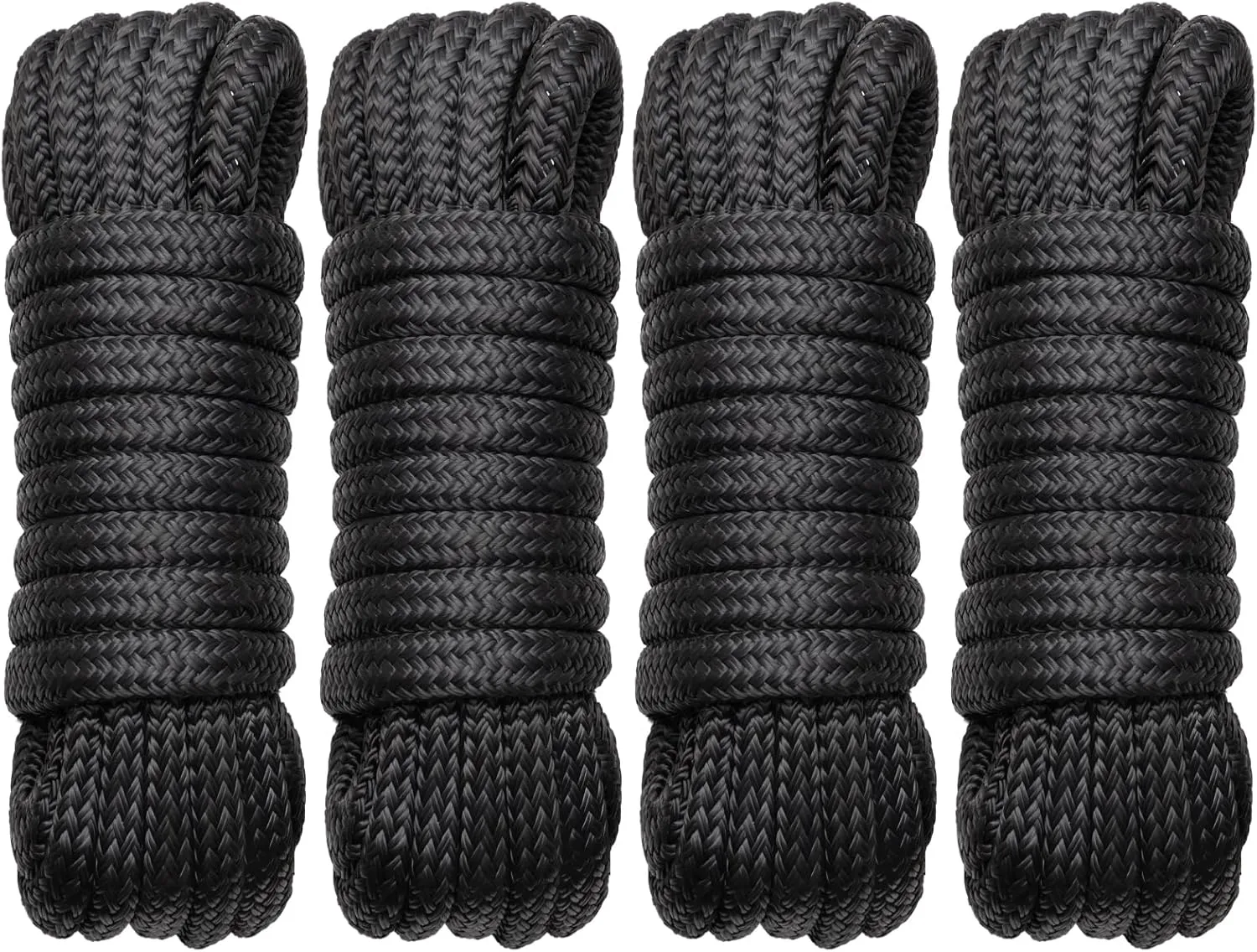 Boat Dock Lines Marine Rope - 1/2" x 15ft with Pre-Spliced 12" Loop Double Braided Nylon Ropes Bumper Tie Mooring Line for Boats Docking Pontoon Boating Accessories - 4 Pack Black