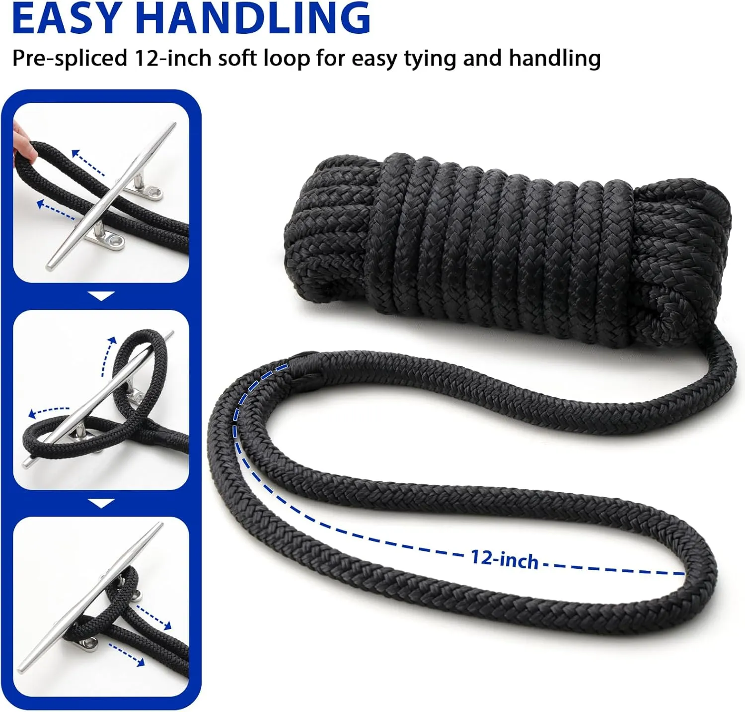 Boat Dock Lines Marine Rope - 3/8" x 25ft with Pre-Spliced 12" Loop Double Braided Nylon Ropes Bumper Tie Mooring Line for Boats Docking Pontoon Boating Accessories - 2 Pack