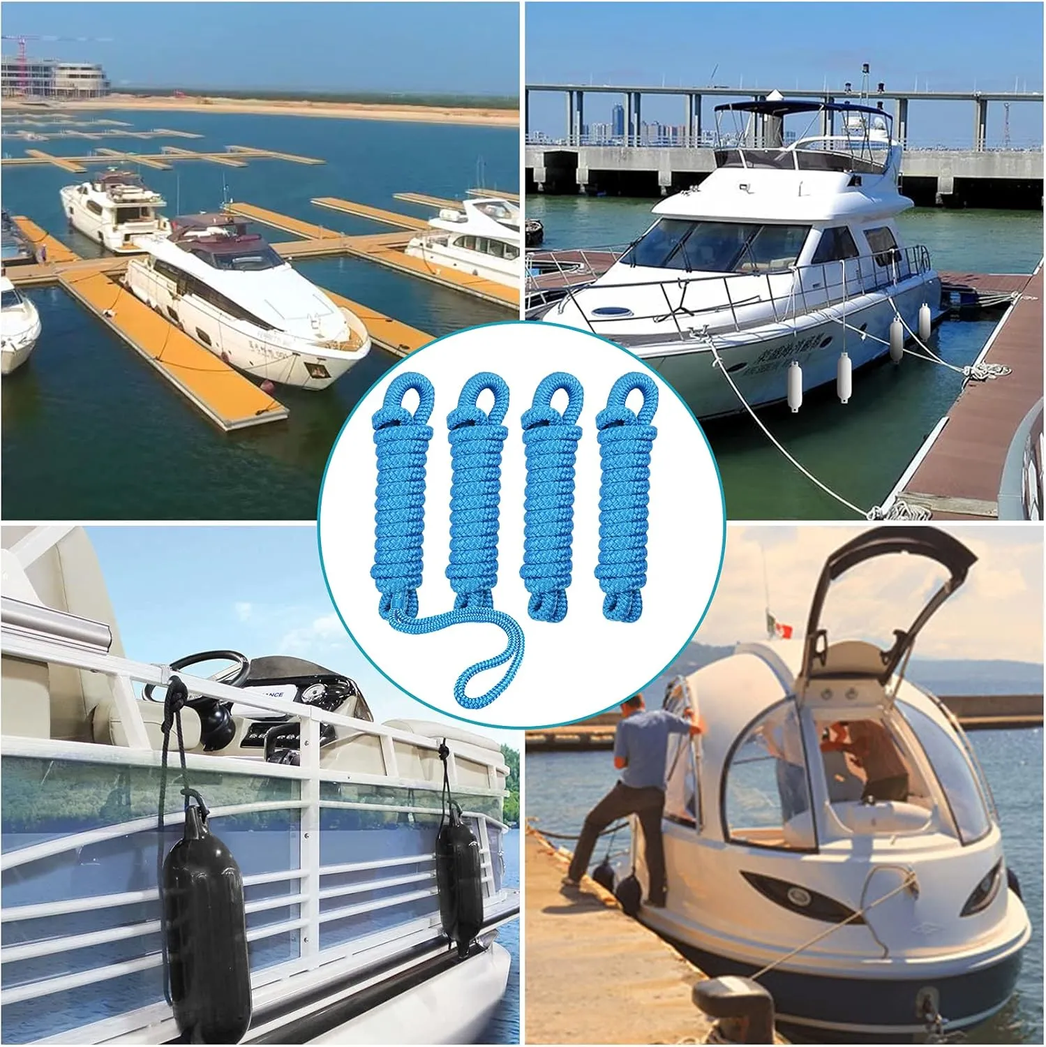 Boat Fender Lines 4 Pack 3/8" x 6FT - Boat Bumper Line Double Braided Nylon Fender Rope with 5" Eyelet Mooring Marine Rope for Boats Line & One End Can Be Spliced with Fenders to Used, Blue