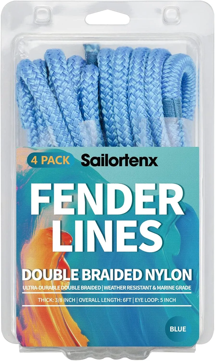 Boat Fender Lines 4 Pack 3/8" x 6FT - Boat Bumper Line Double Braided Nylon Fender Rope with 5" Eyelet Mooring Marine Rope for Boats Line & One End Can Be Spliced with Fenders to Used, Blue