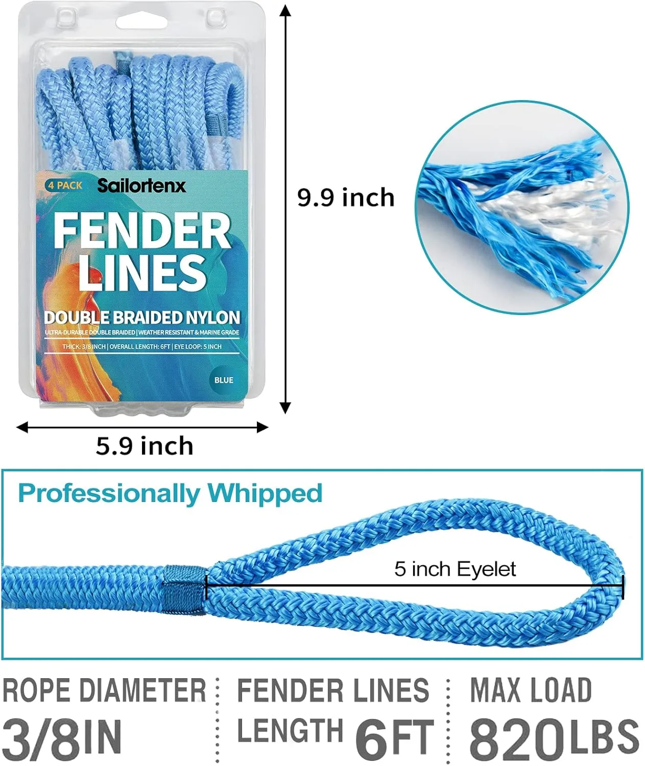 Boat Fender Lines 4 Pack 3/8" x 6FT - Boat Bumper Line Double Braided Nylon Fender Rope with 5" Eyelet Mooring Marine Rope for Boats Line & One End Can Be Spliced with Fenders to Used, Blue
