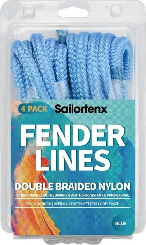 Boat Fender Lines 4 Pack 3/8" x 6FT - Boat Bumper Line Double Braided Nylon Fender Rope with 5" Eyelet Mooring Marine Rope for Boats Line & One End Can Be Spliced with Fenders to Used, Blue