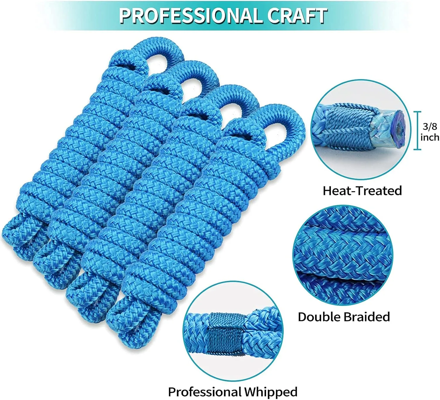 Boat Fender Lines 4 Pack 3/8" x 6FT - Boat Bumper Line Double Braided Nylon Fender Rope with 5" Eyelet Mooring Marine Rope for Boats Line & One End Can Be Spliced with Fenders to Used, Blue