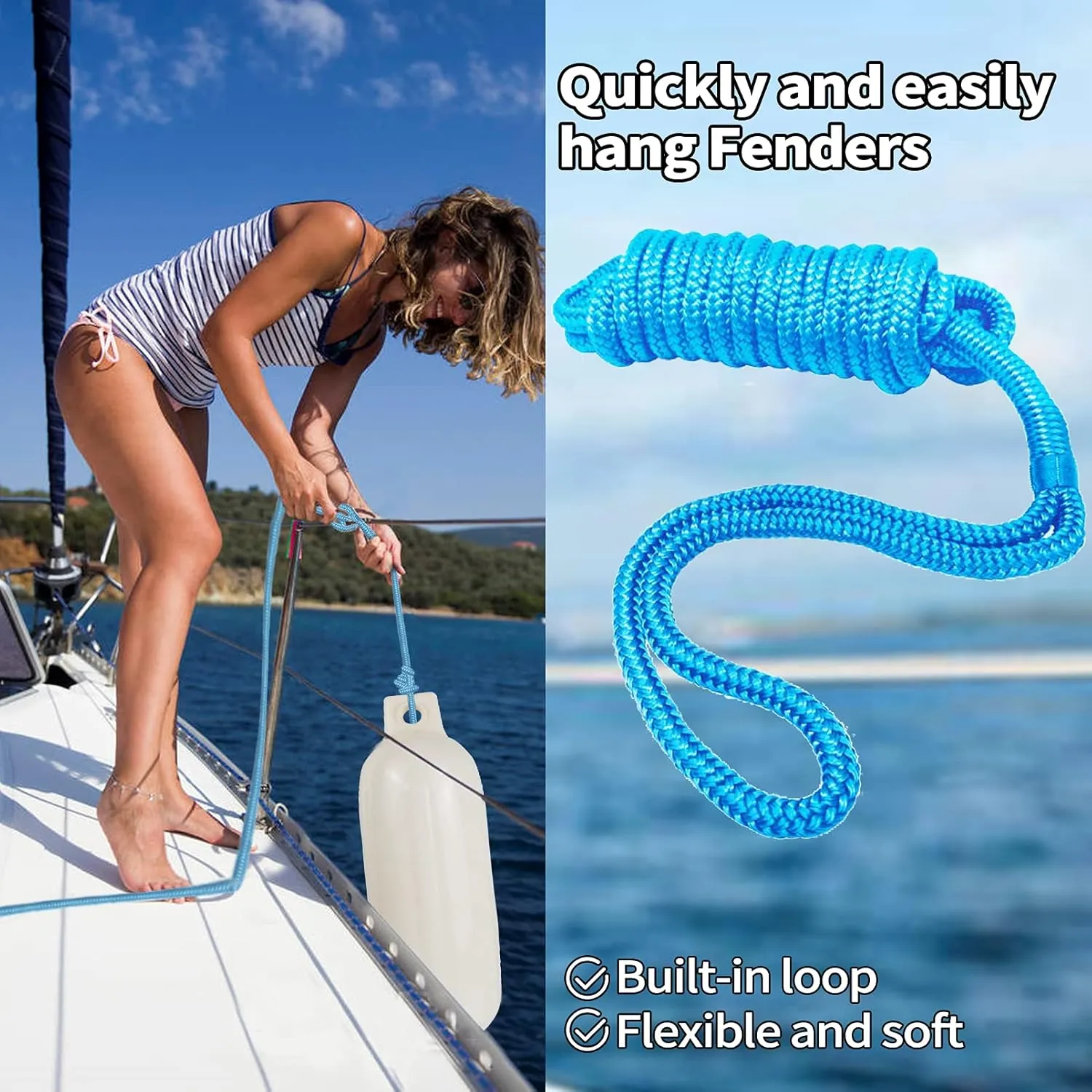 Boat Fender Lines 4 Pack 3/8" x 6FT - Boat Bumper Line Double Braided Nylon Fender Rope with 5" Eyelet Mooring Marine Rope for Boats Line & One End Can Be Spliced with Fenders to Used, Blue