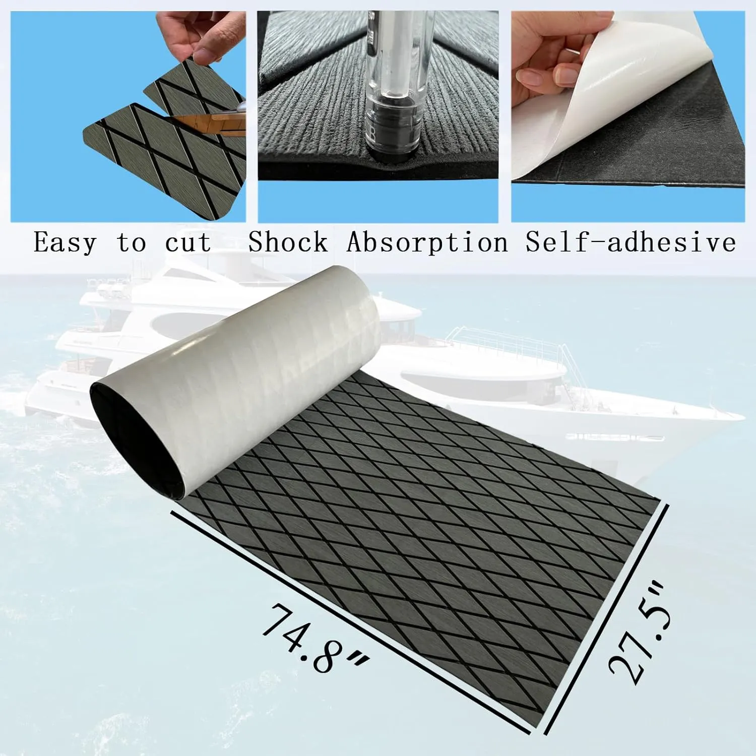 Boat Flooring Mat EVA Foam Boat Decking Marine Carpet Faux Teak Sea Decking Sheet Non-Slip Self-Adhesive Flooring Material for Boats Pontoon Yacht Surfboard Swim Platform RV Floor 74.8"×27.5"