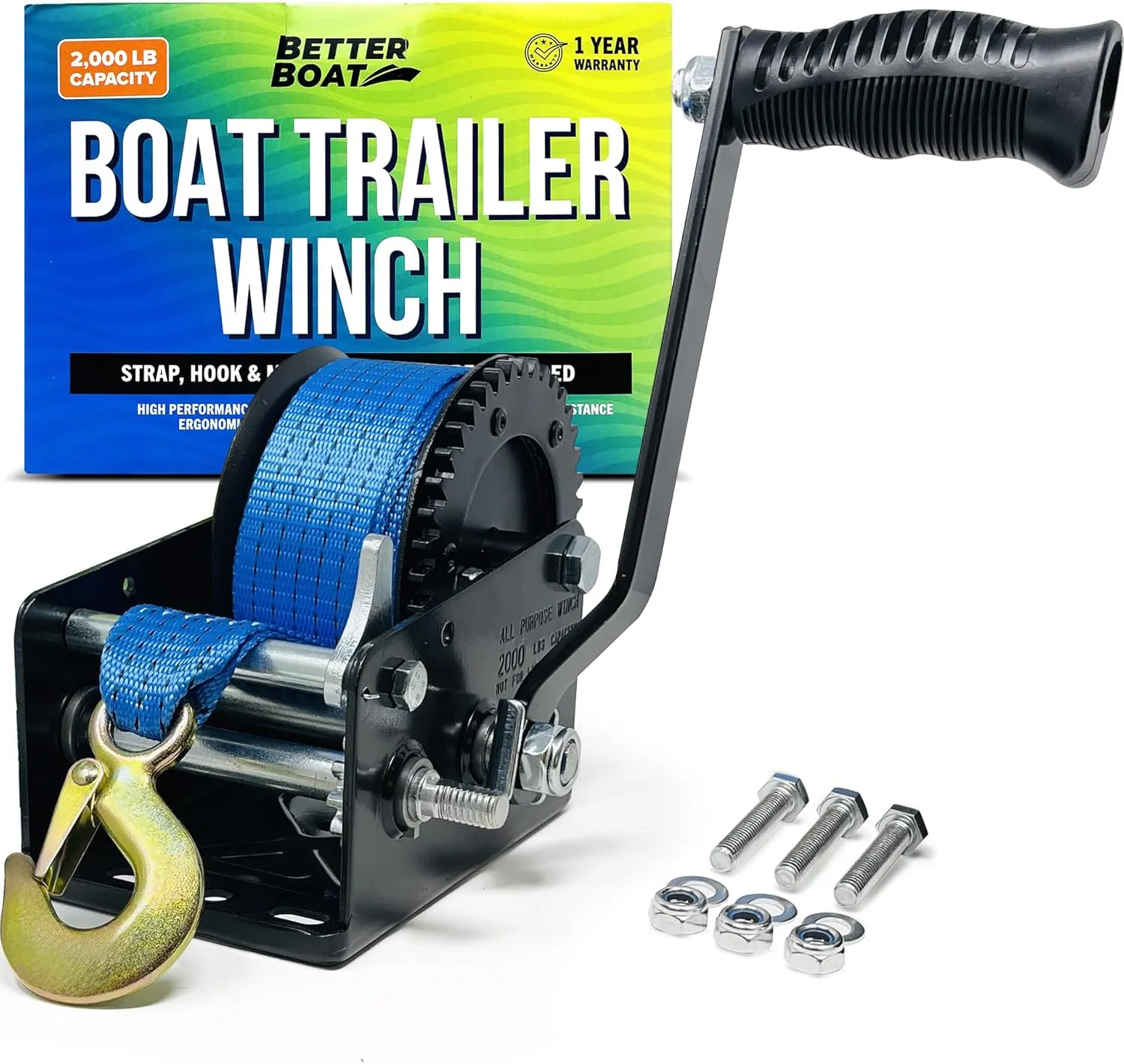 Boat Trailer Winch with Strap and Hook, Manual Hand Crank Winch, Heavy Duty One-Speed Ratchet Gear, for Pulling Boat Parts, Trailers, Car, or Truck Towing
