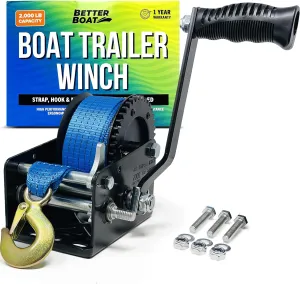Boat Trailer Winch with Strap and Hook, Manual Hand Crank Winch, Heavy Duty One-Speed Ratchet Gear, for Pulling Boat Parts, Trailers, Car, or Truck Towing