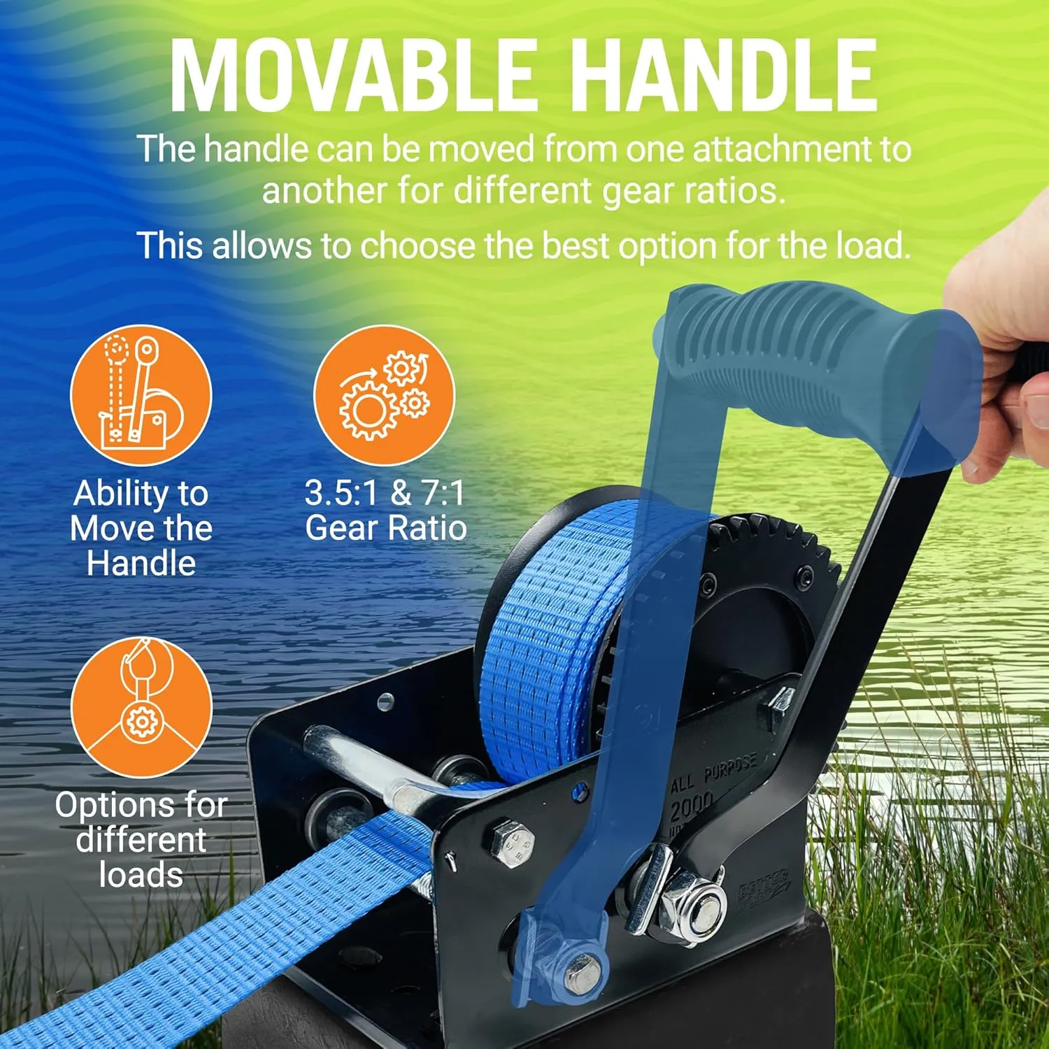 Boat Trailer Winch with Strap and Hook, Manual Hand Crank Winch, Heavy Duty One-Speed Ratchet Gear, for Pulling Boat Parts, Trailers, Car, or Truck Towing