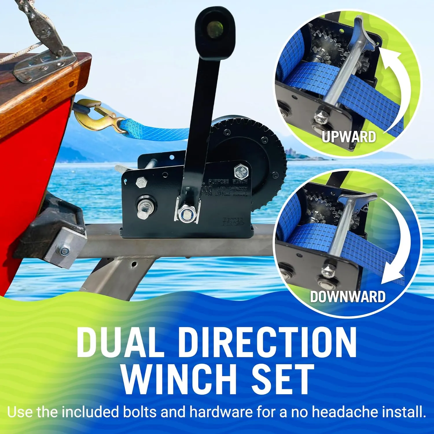 Boat Trailer Winch with Strap and Hook, Manual Hand Crank Winch, Heavy Duty One-Speed Ratchet Gear, for Pulling Boat Parts, Trailers, Car, or Truck Towing