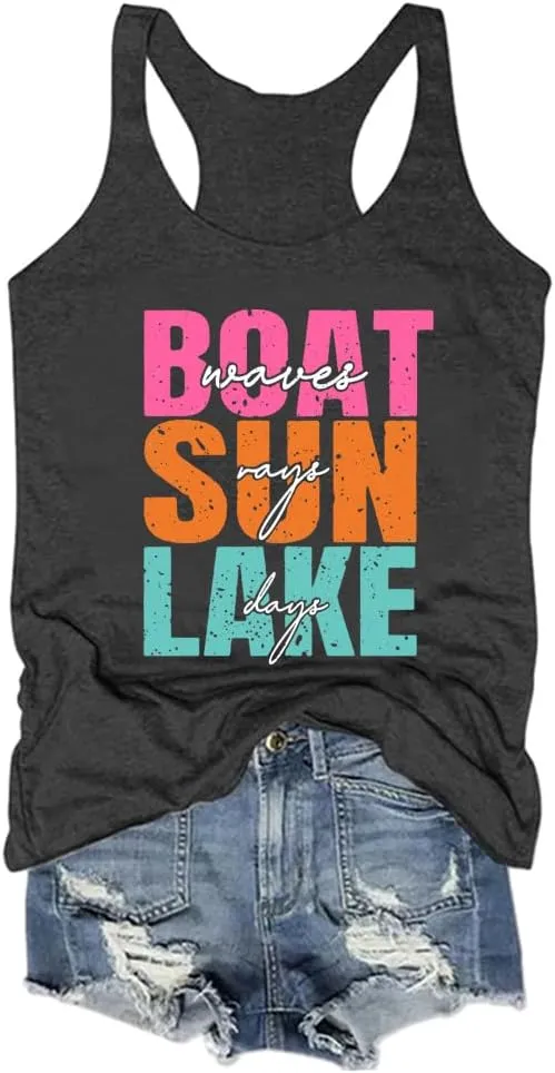 Boat Waves Sun Rays Lake Days Tank Beach Tshirts Women Summer Lake Life Shirts, X-Large