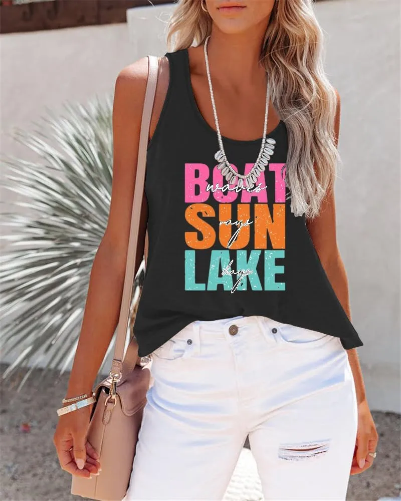 Boat Waves Sun Rays Lake Days Tank Beach Tshirts Women Summer Lake Life Shirts, X-Large