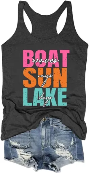 Boat Waves Sun Rays Lake Days Tank Beach Tshirts Women Summer Lake Life Shirts, X-Large