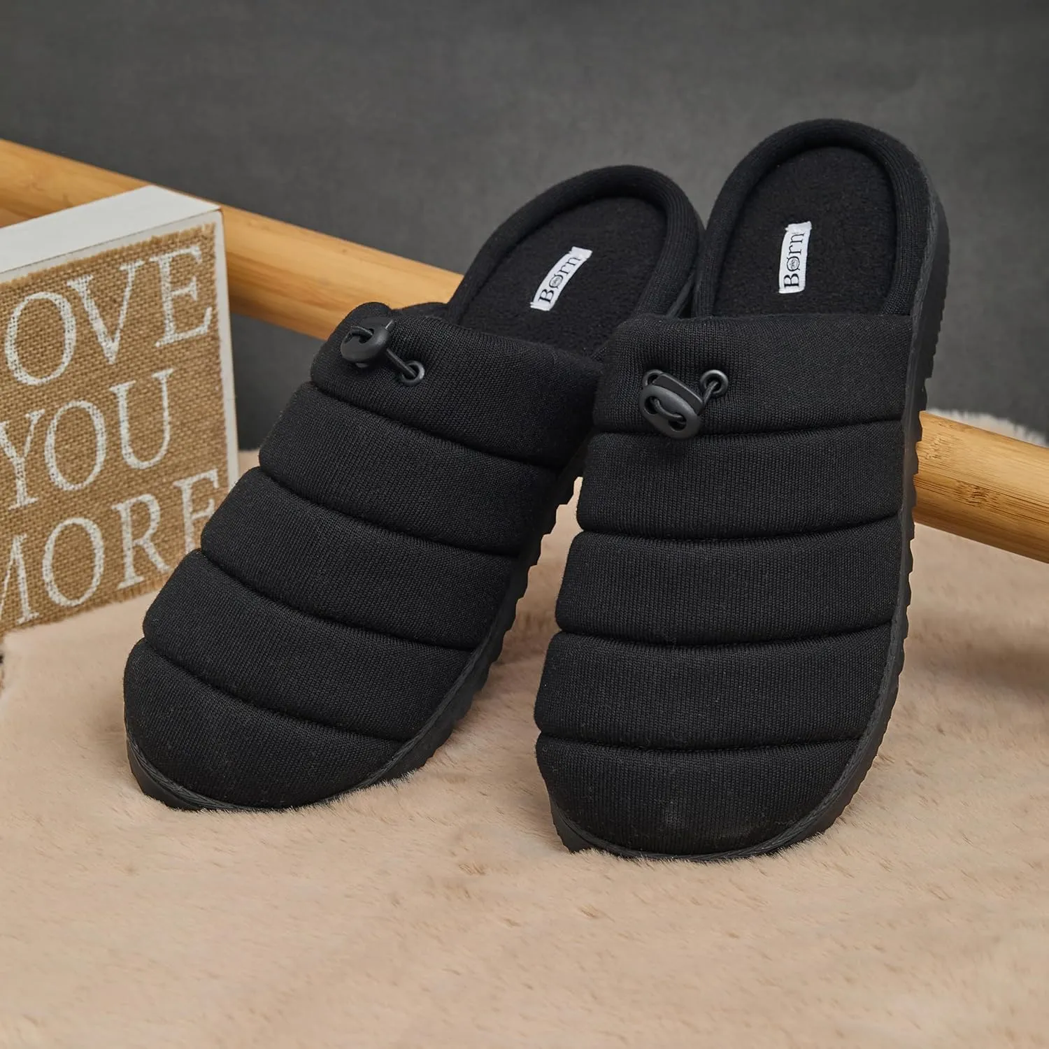 BORN Adjustable Quilted Puffer Scuff Slippers for Men, Adjustable Mens Slippers with Treaded Sole, Gifts for Him