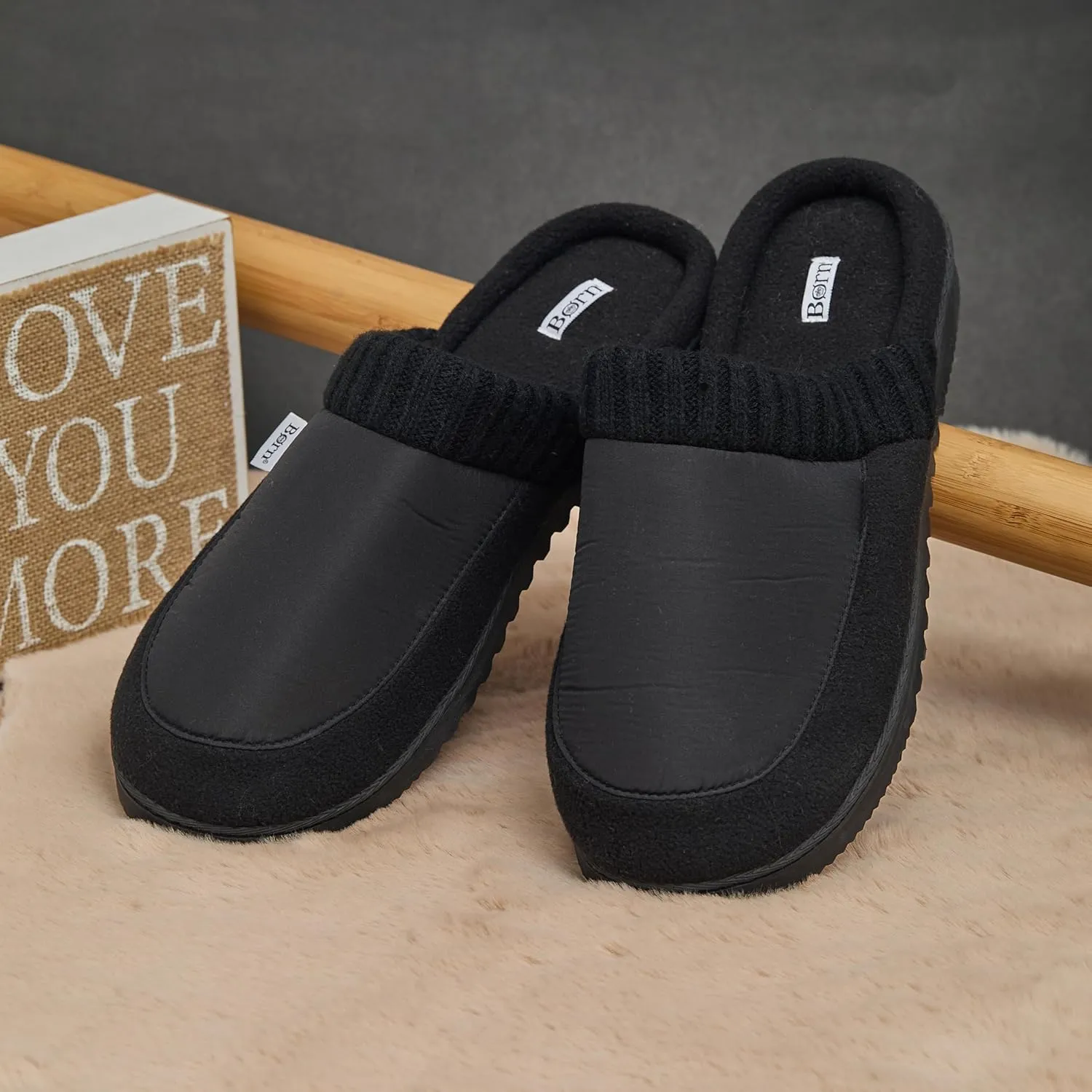 BORN Multi Fabrication Scuff Slippers for Men, Mens Slippers Indoor Fleece-Lined, Gifts for Him